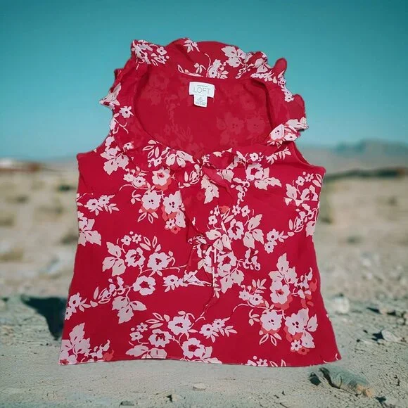 Ann Taylor Loft Silk Ruffle Sleeveless Blouse Red White Pink Beach Summercore - Picture 11 of 11